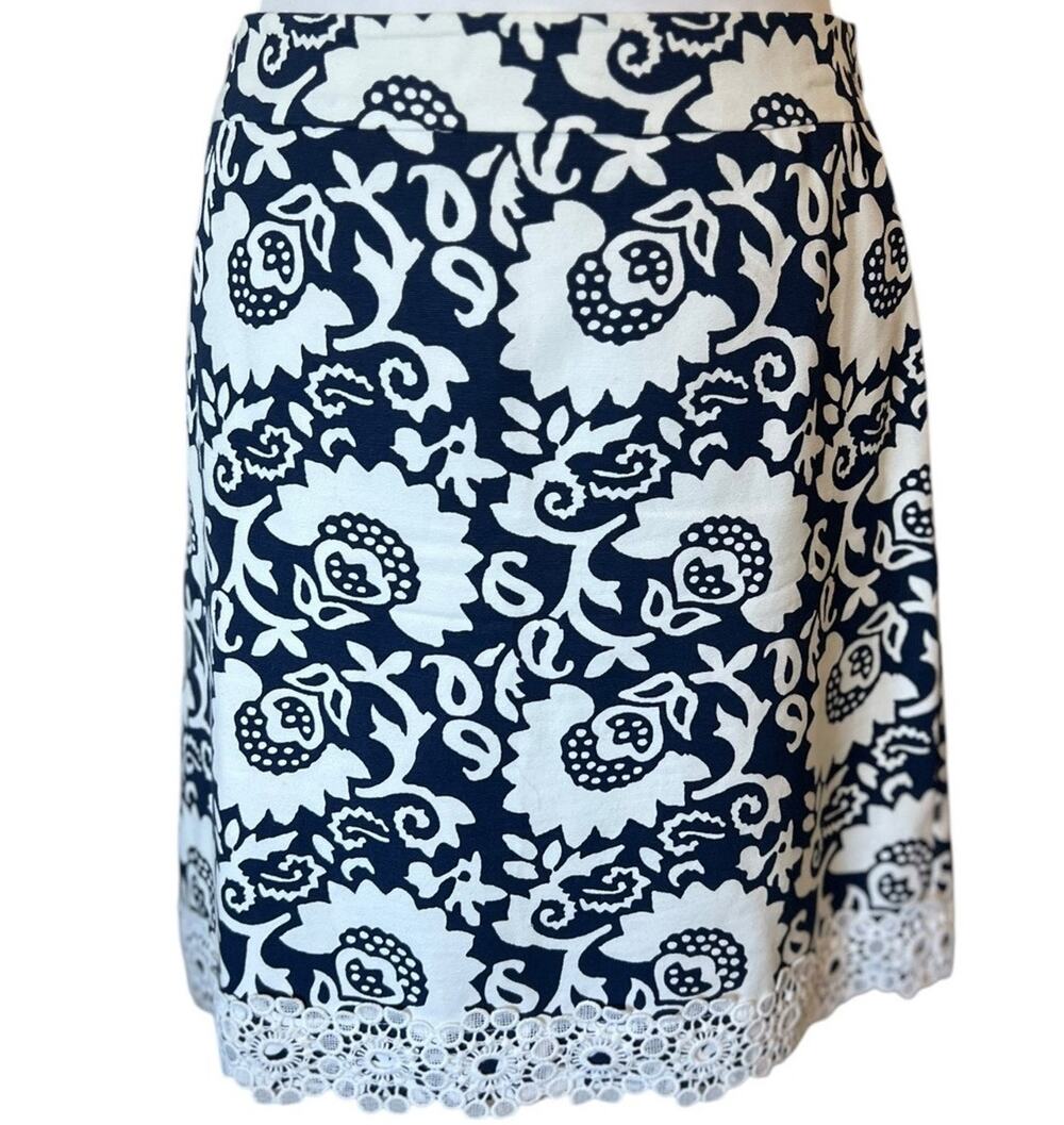 Talbots Navy White Woodblock Floral Stretch Cotton Canvas Skirt Lace Trim 8P